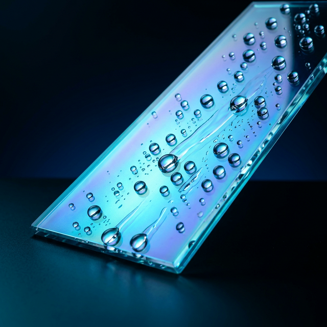 Glass surface with water droplets sliding off thanks to Cleorex nano coating